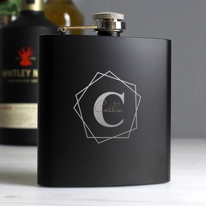For You Personalised Gifts Geometric Initial Black Hip Flask