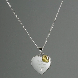 For You Personalised Gifts Sterling Silver Heart Locket Necklace with Diamond and 9ct Gold Charm