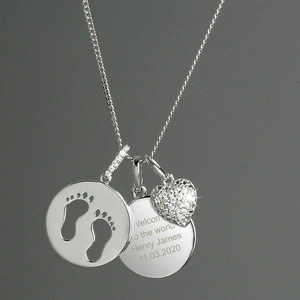 For You Personalised Gifts Sterling Silver Footprints and Cubic Zirconia Heart Necklace
