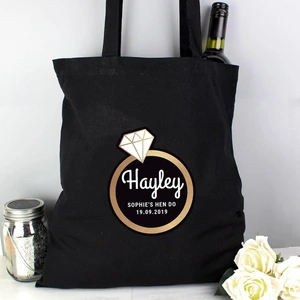 For You Personalised Gifts Gold Bling Ring Hen Party Black Cotton Bag