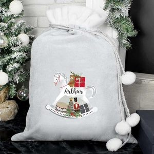 For You Personalised Gifts Rocking Horse Luxury Silver Grey Pom Pom Sack