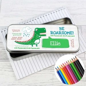 For You Personalised Gifts Be Roarsome' Dinosaur Pencil Tin with Pencil Crayons