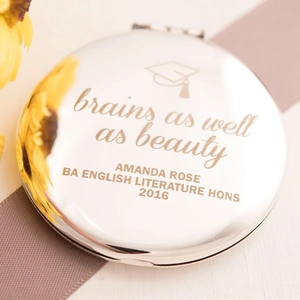 Getting Personal Engraved Silver Round Compact Mirror - Brains As Well As Beauty
