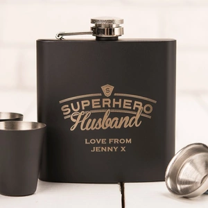 Getting Personal Personalised Matte Black Hip Flask Gift Set - Superhero Husband