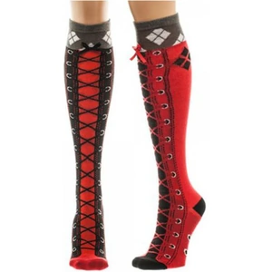 Pop In A Box DC Comics Women's Bombshells Harley Quinn Faux Lace Up Socks - Black/Red
