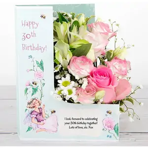 Www.flowercard.co.uk 30th Birthday Flowers with a Pink Rose, White Alstroemeria and Gypsophila