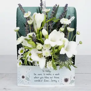 Www.flowercard.co.uk 60th Birthday Flowers with White Freesias, White Santini and Silver Wheat with Sprigs of Lavender
